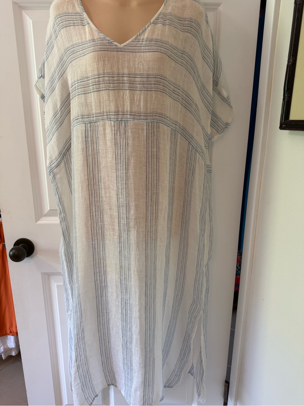 Eileen Fisher Cream Maxi Dress with Blue Stripes